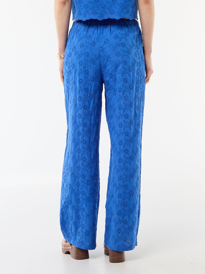 Pantalón ancho con bordado inglés en algodón liso Azul - Kiabi