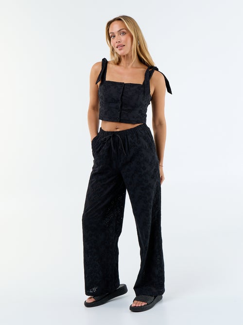 Pantalón ancho con bordado inglés en algodón liso - Kiabi