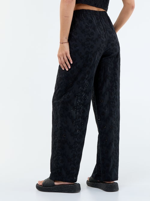 Pantalón ancho con bordado inglés en algodón liso - Kiabi