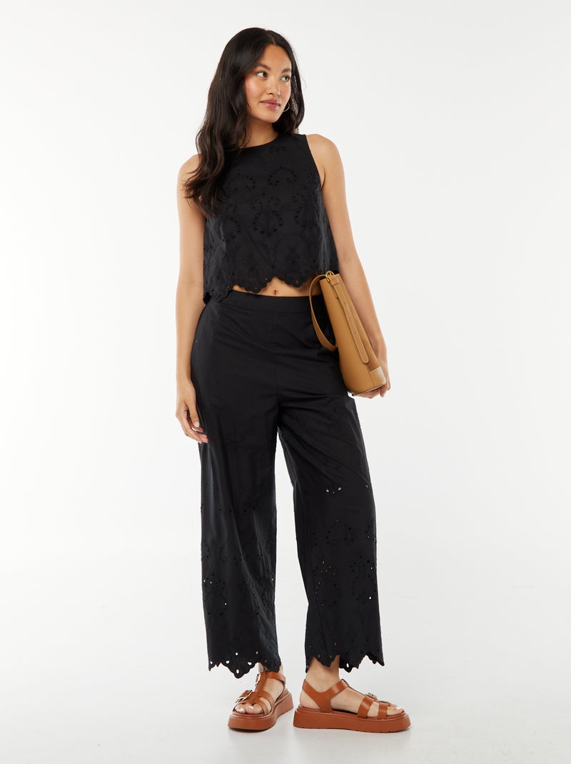 Pantalón ancho con bordado inglés negro - Kiabi