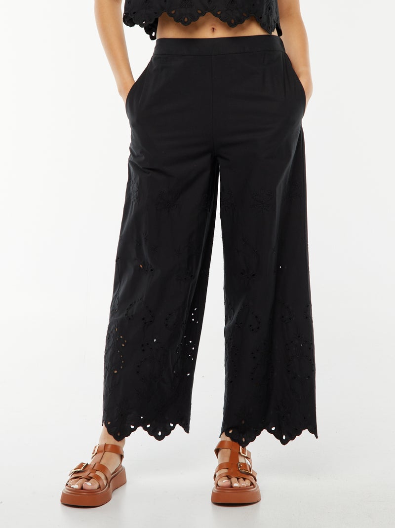 Pantalón ancho con bordado inglés negro - Kiabi