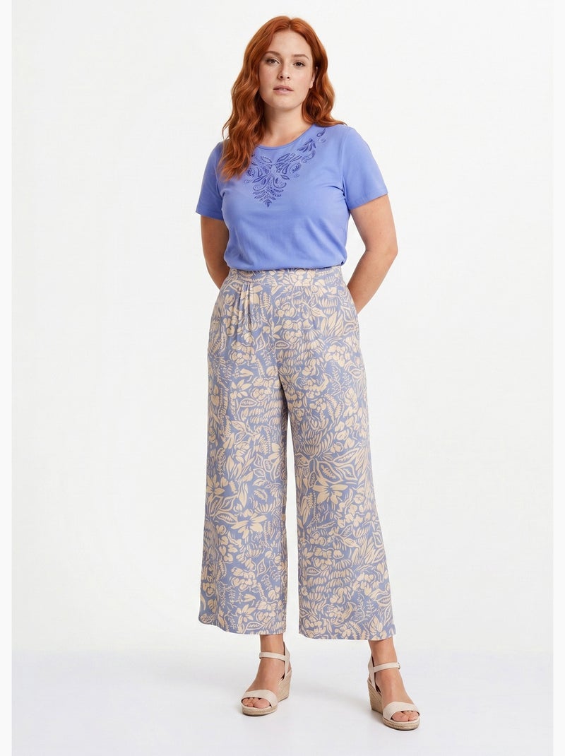 Pantalón ancho con cintura elástica floral o liso - Afibel Azul crudo - Kiabi
