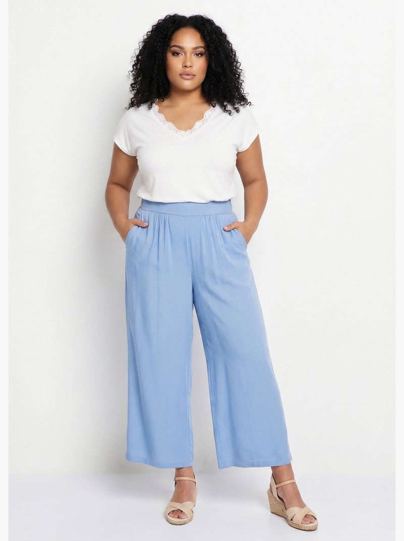 Pantalón ancho con cintura elástica floral o liso - Afibel Azul - Kiabi