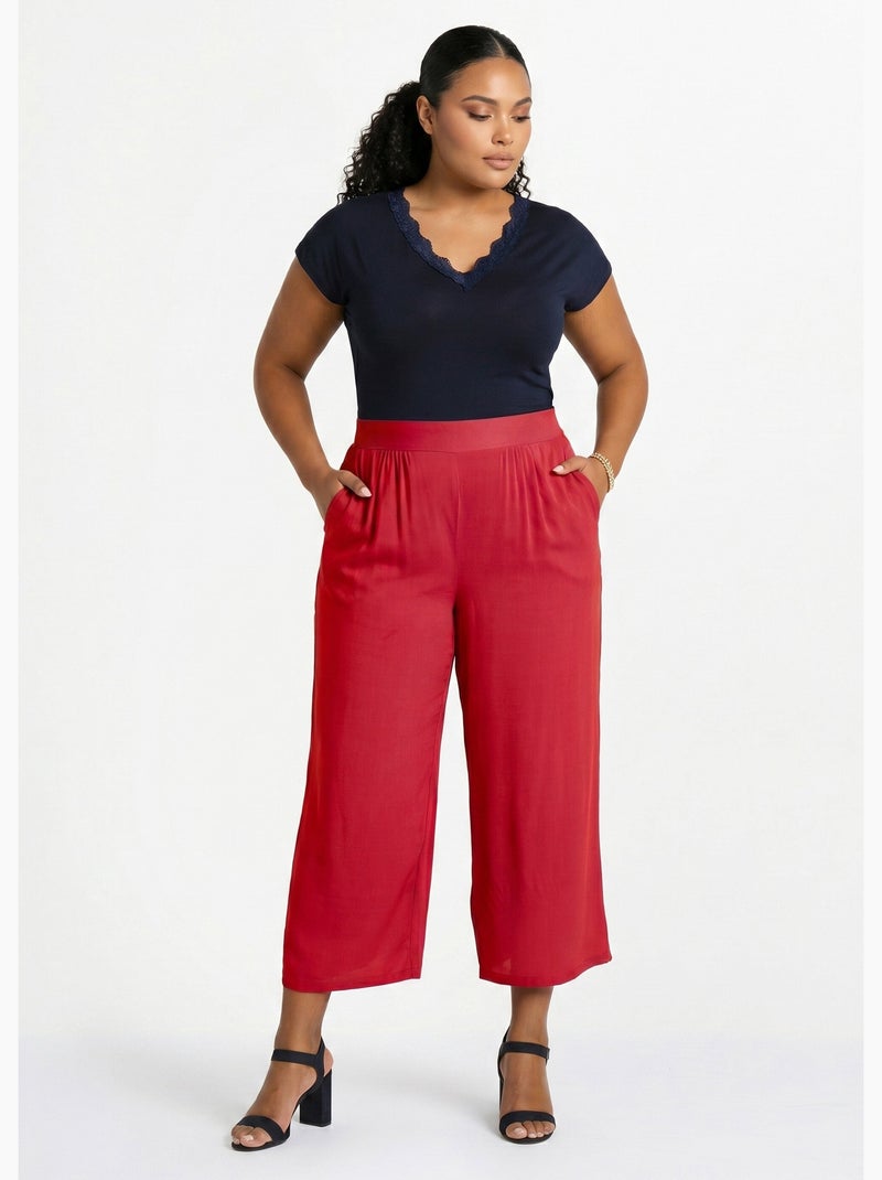 Pantalón ancho con cintura elástica floral o liso - Afibel Rojo - Kiabi