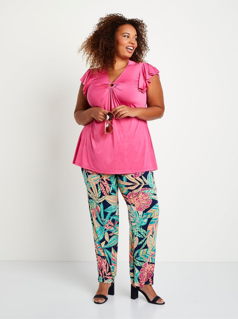 Pantalón ancho con cinturón elástico follaje - Afibel Verde - Kiabi