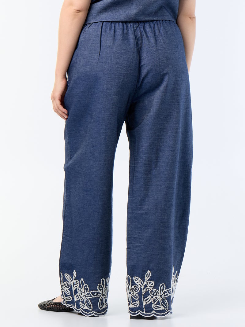 Pantalón ancho con estampados bordados Azul - Kiabi