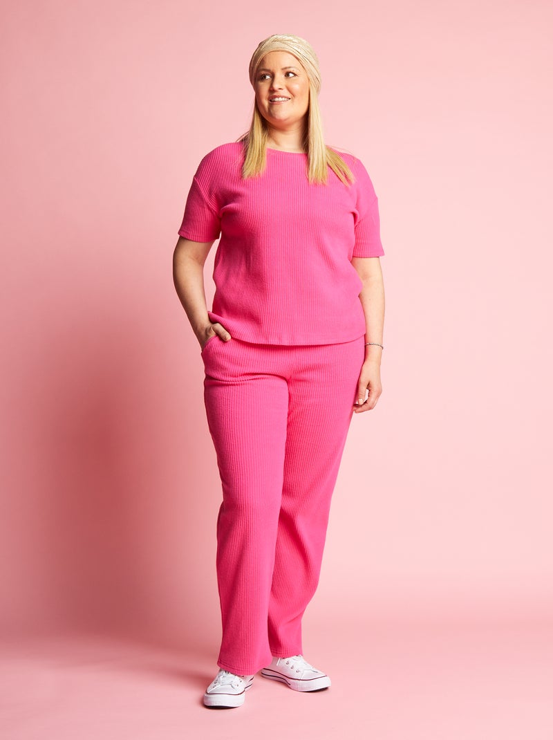 Pantalón ancho de canalé rosa indio - Kiabi