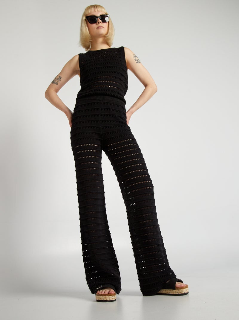 Pantalón ancho de cintura elástica de punto calado negro - Kiabi