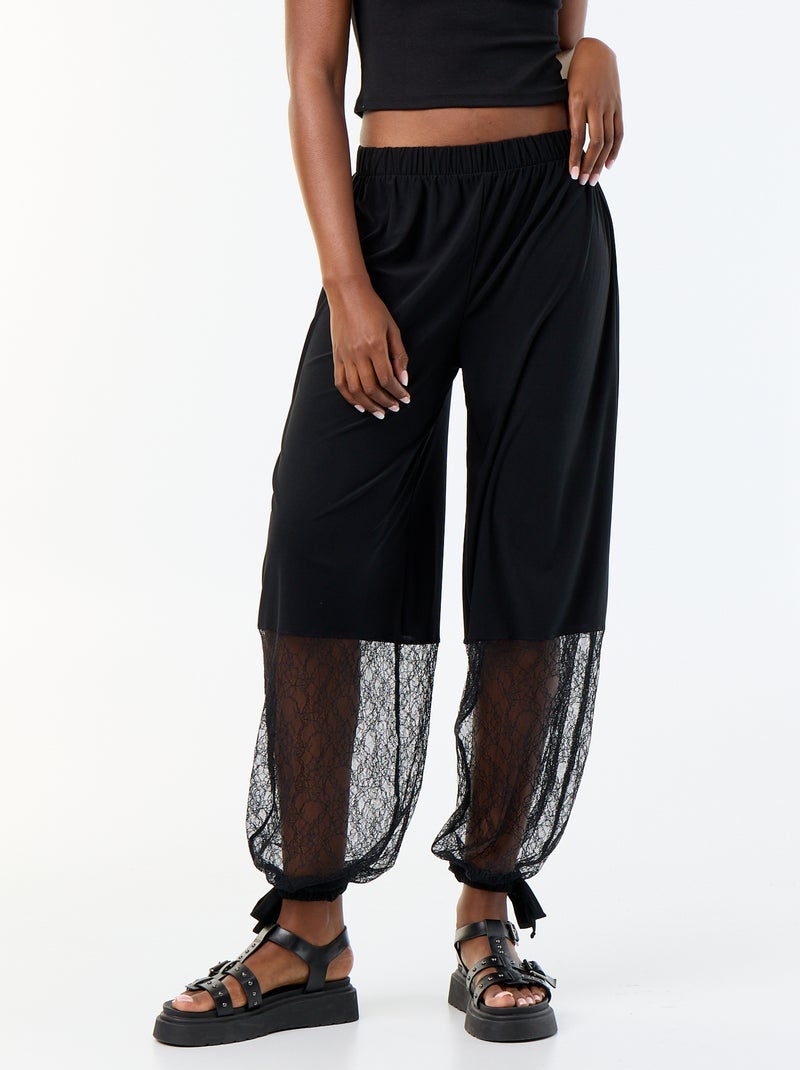 Pantalón ancho de corte globo con bajo de encaje Negro - Kiabi