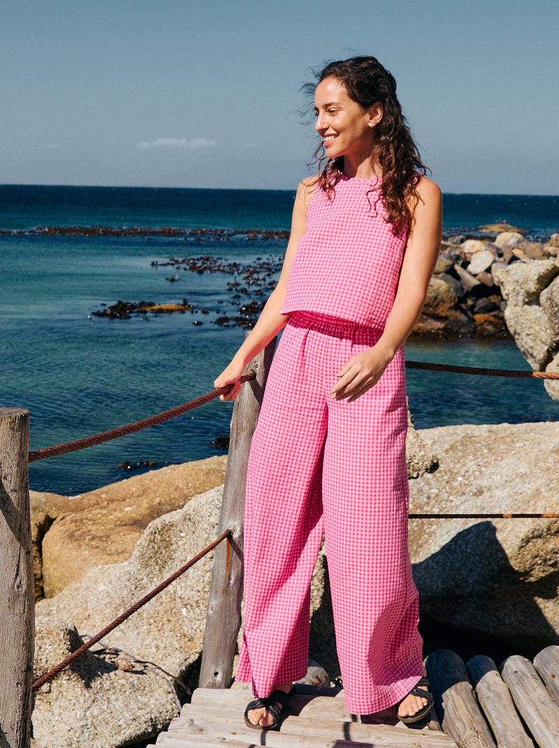Pantalón ancho de cuadros vichy Rosa - Kiabi
