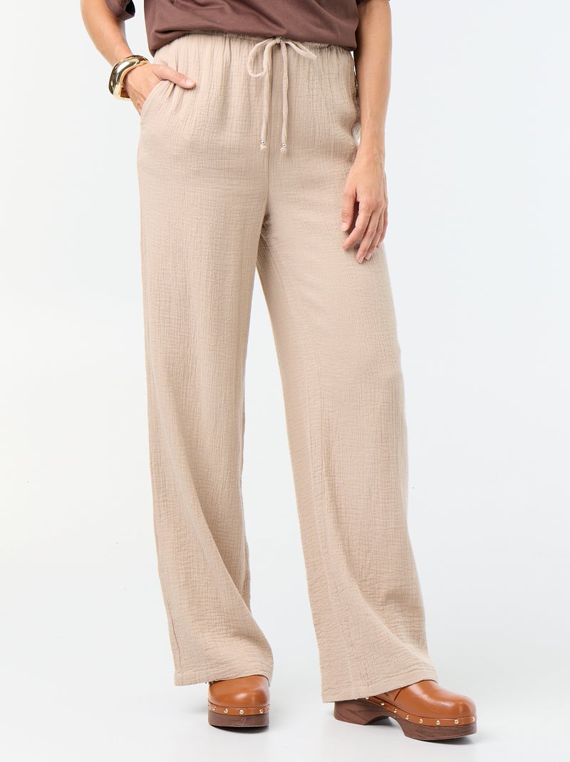 Pantalón ancho de gasa de algodón Beige - Kiabi
