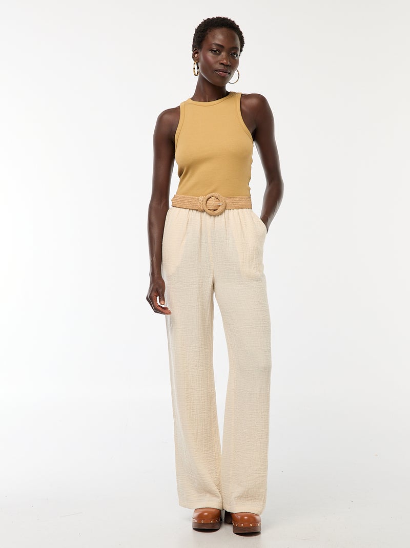 Pantalón ancho de gasa de algodón Blanco Mujer Kiabi