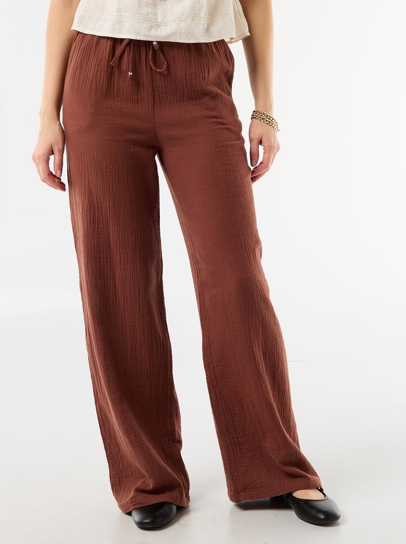 Pantalón ancho de gasa de algodón Marron - Kiabi