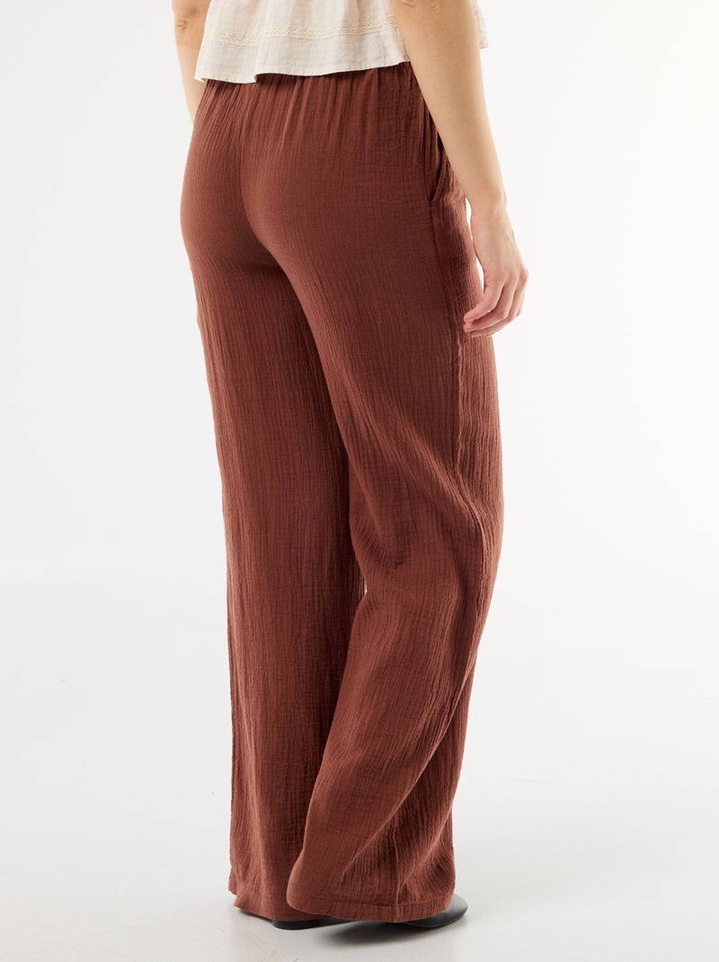 Pantalón ancho de gasa de algodón Marron - Kiabi