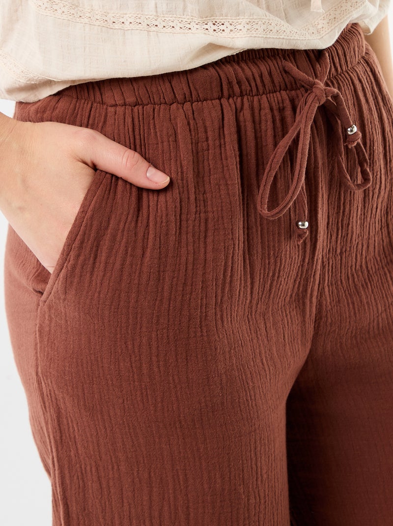 Pantalón ancho de gasa de algodón Marron - Kiabi