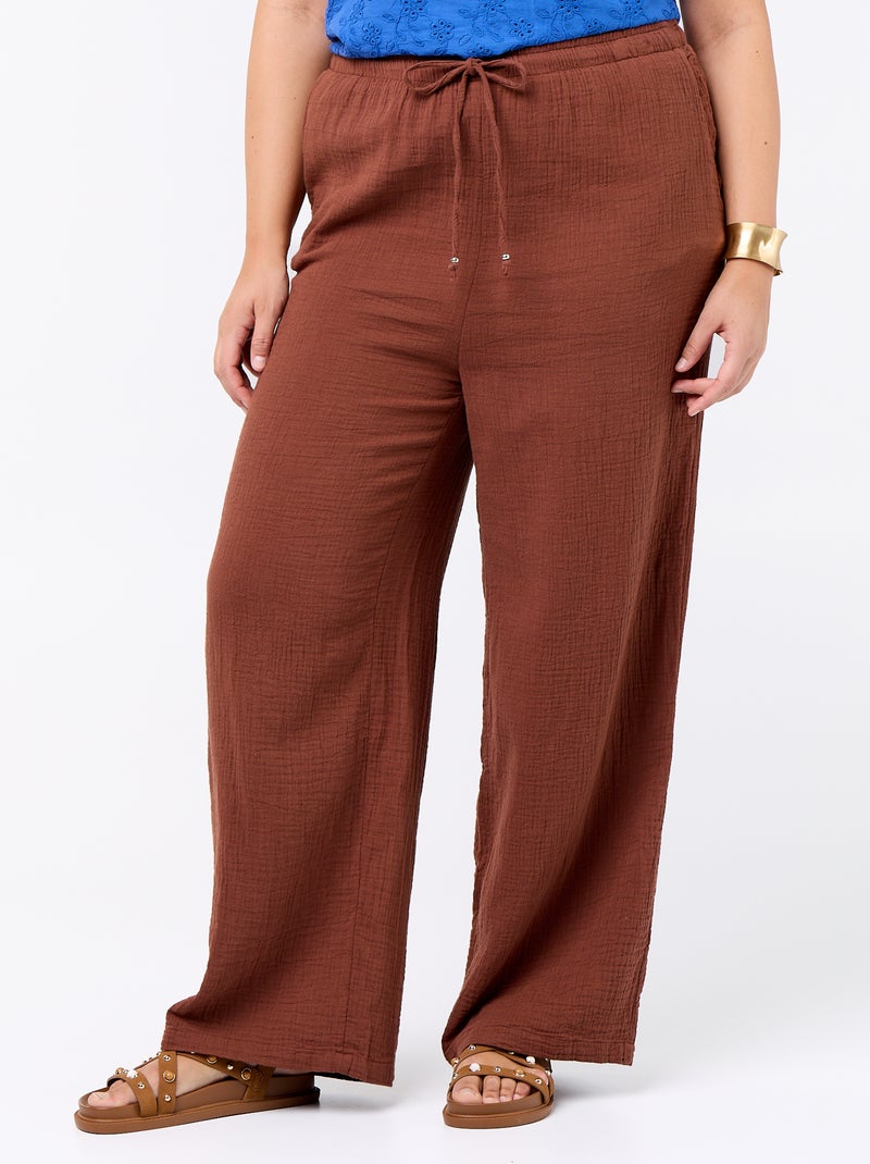 Pantalón ancho de gasa de algodón Marron - Kiabi