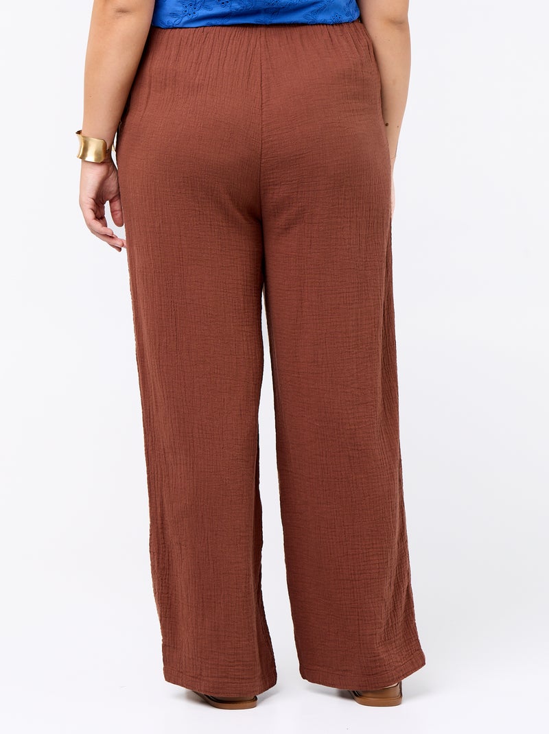 Pantalón ancho de gasa de algodón Marron - Kiabi