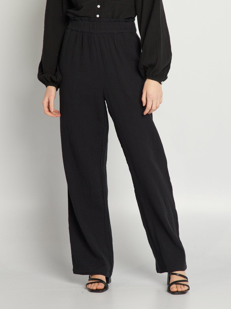 Pantalón ancho de gasa de algodón negro - Kiabi