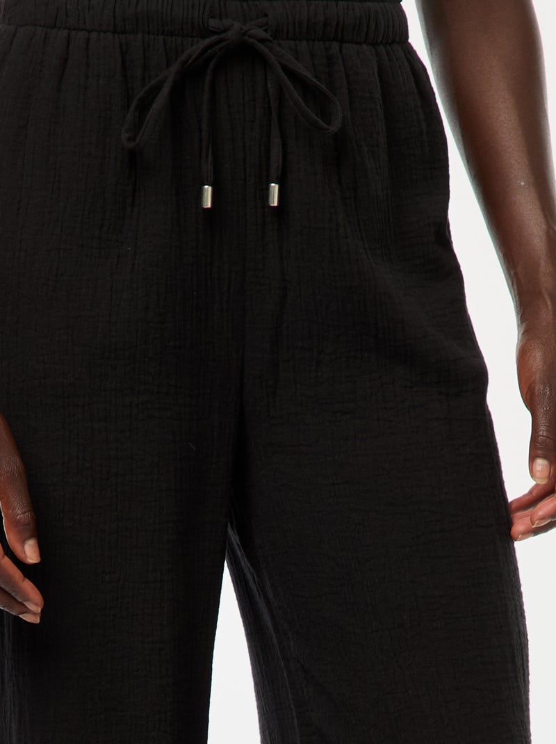 Pantalón ancho de gasa de algodón Negro - Kiabi