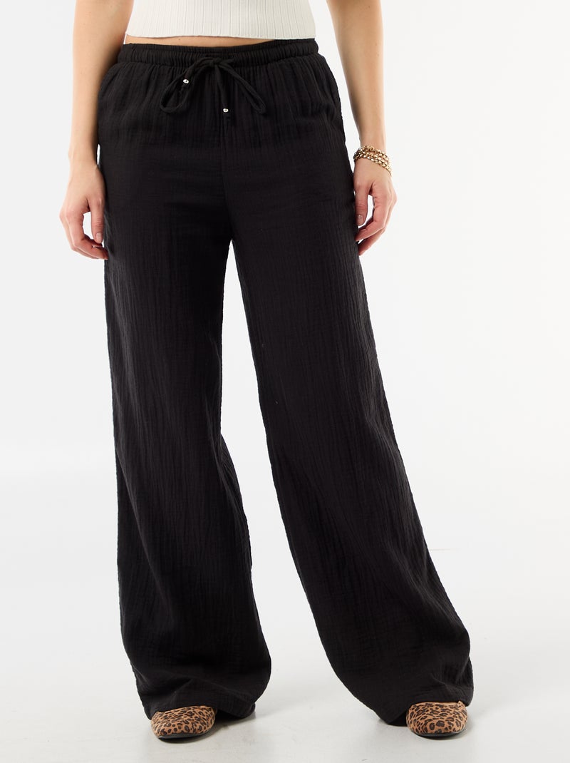 Pantalón ancho de gasa de algodón Negro - Kiabi