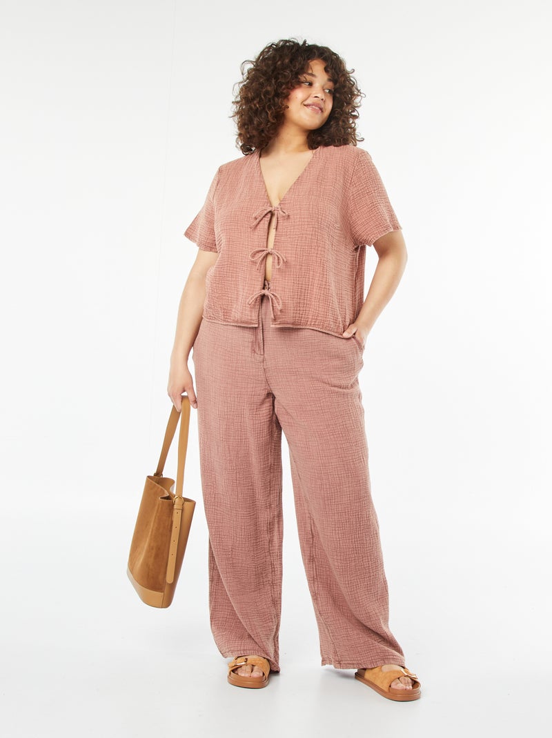 Pantalón ancho de gasa de algodón Rosa - Kiabi