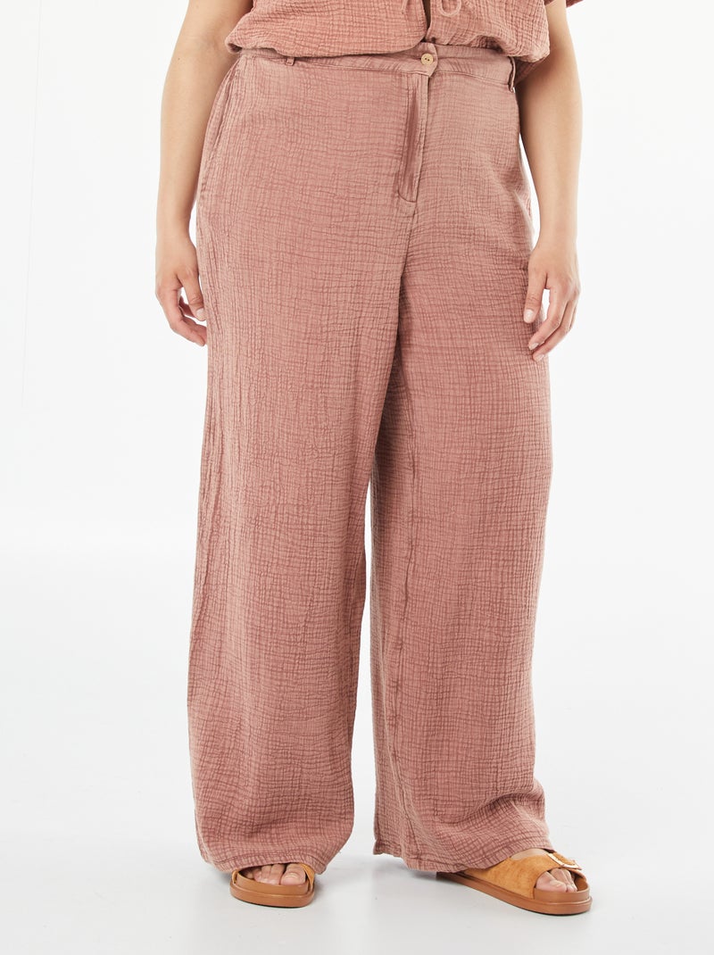 Pantalón ancho de gasa de algodón Rosa - Kiabi