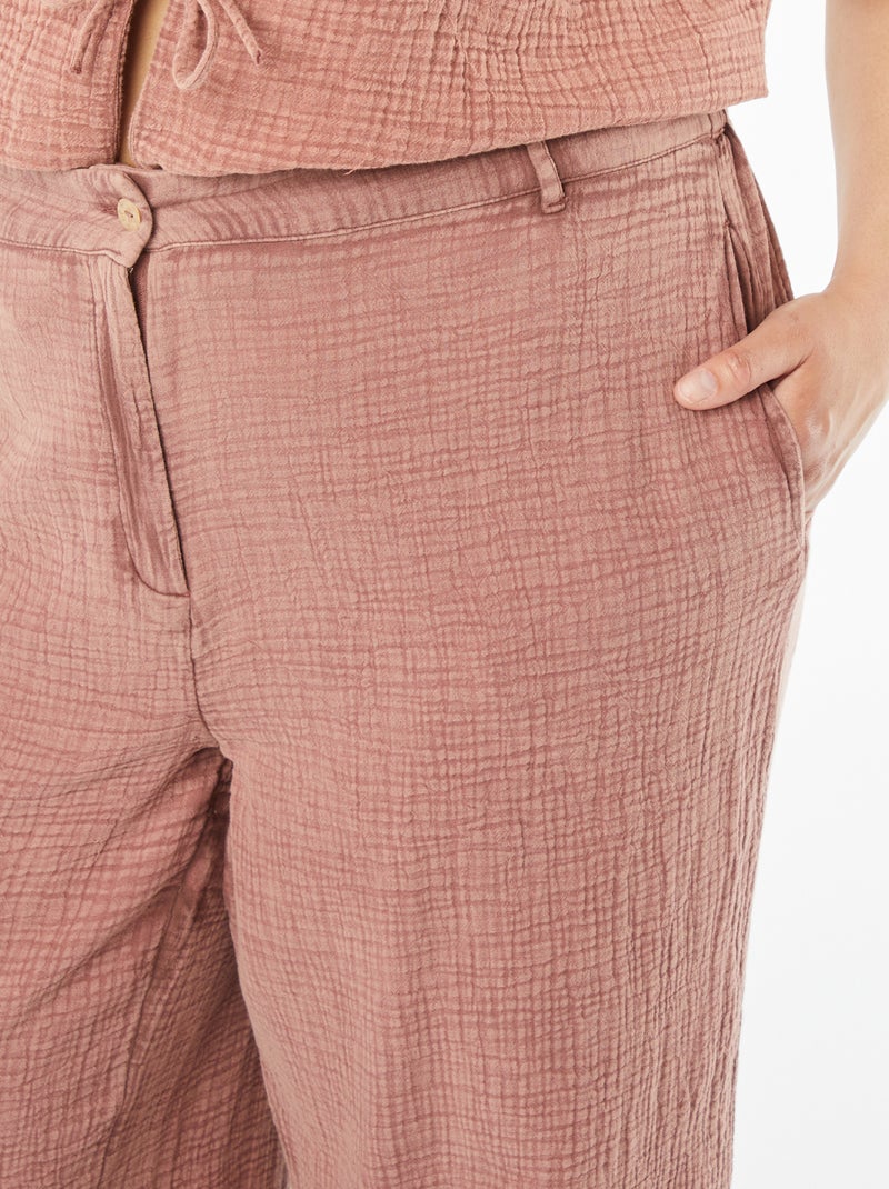Pantalón ancho de gasa de algodón Rosa - Kiabi