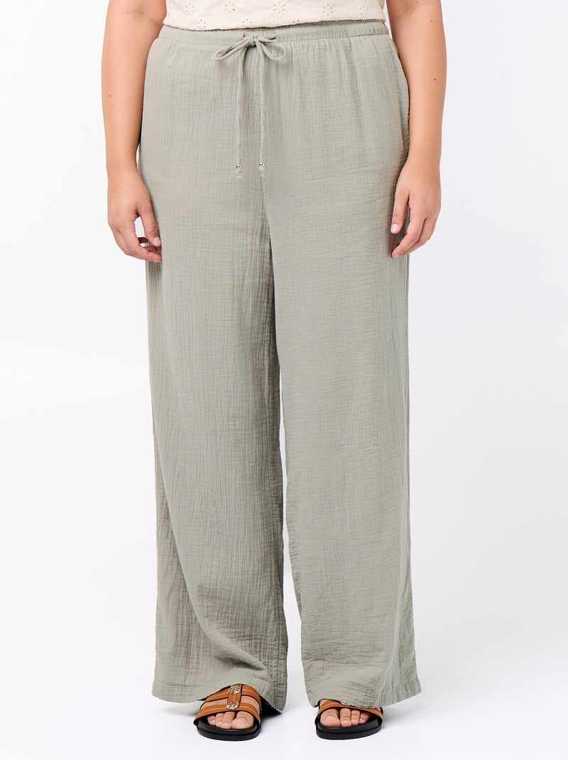 Pantalón ancho de gasa de algodón Verde - Kiabi