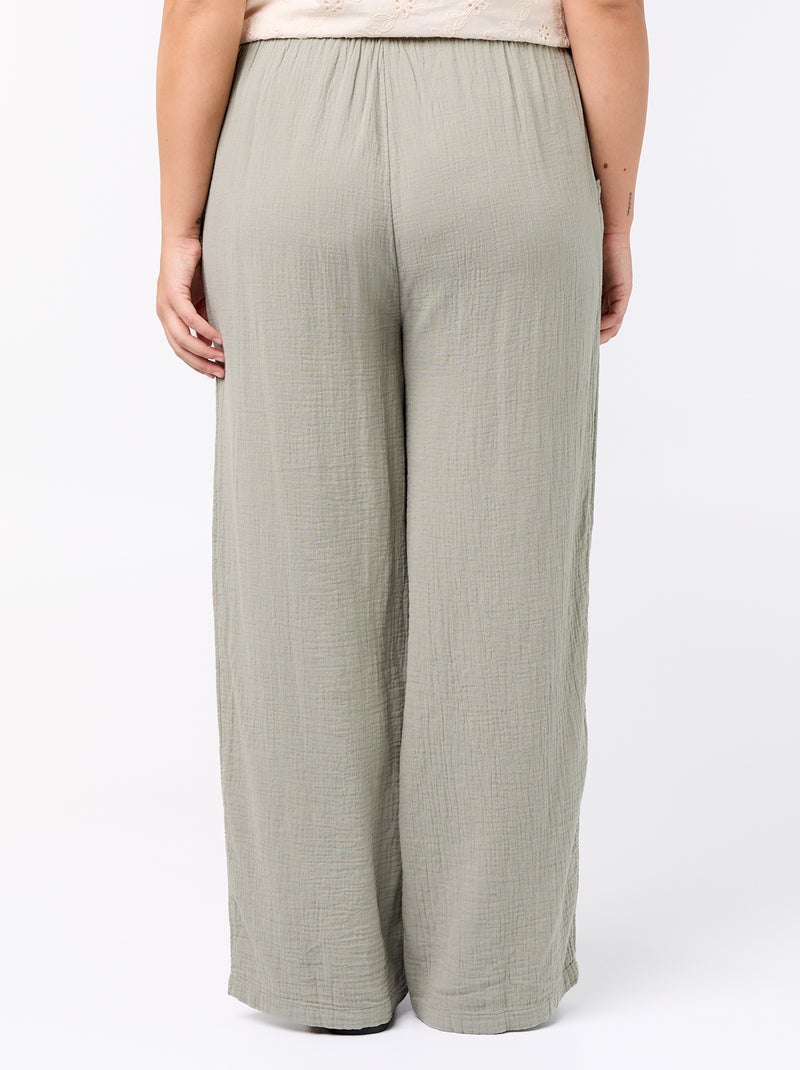 Pantalón ancho de gasa de algodón Verde - Kiabi
