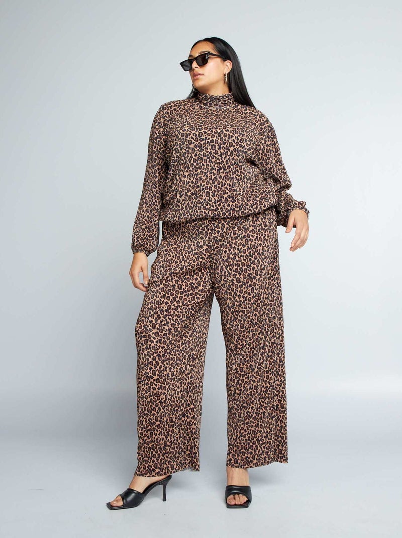 Pantalón ancho de leopardo de punto plisado MARRON - Kiabi