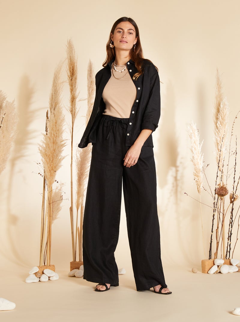 Pantalón ancho de lino con cintura elástica negro - Kiabi