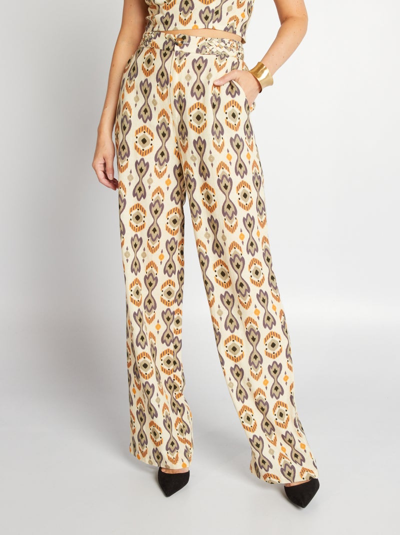 Pantalón ancho de lino con estampado BEIGE - Kiabi
