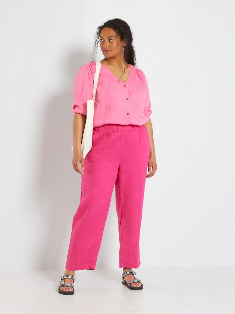 Pantalón ancho de lino rosa oscuro - Kiabi