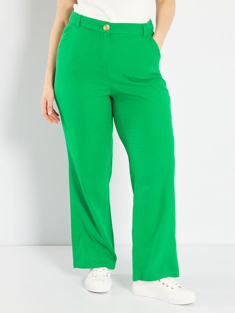 Pantalón ancho de lino verde flúor - Kiabi