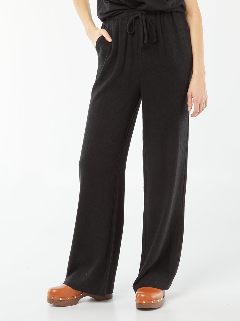 Pantalón ancho de mezcla de lino negro - Kiabi