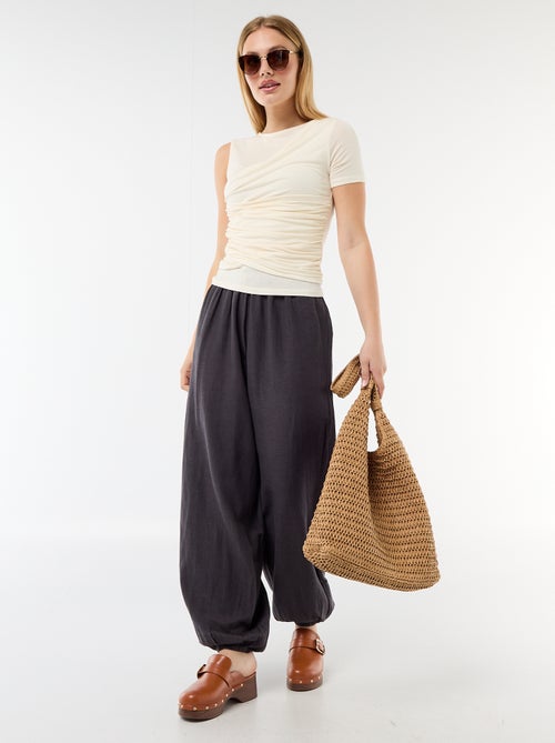 Pantalón ancho de mujer con cintura elástica y bajo ajustado - Kiabi
