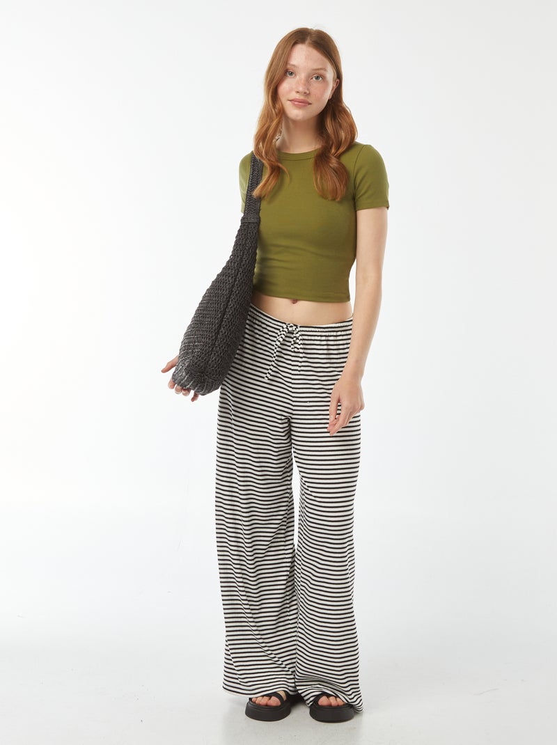Pantalón ancho de punto a rayas Blanco - Kiabi