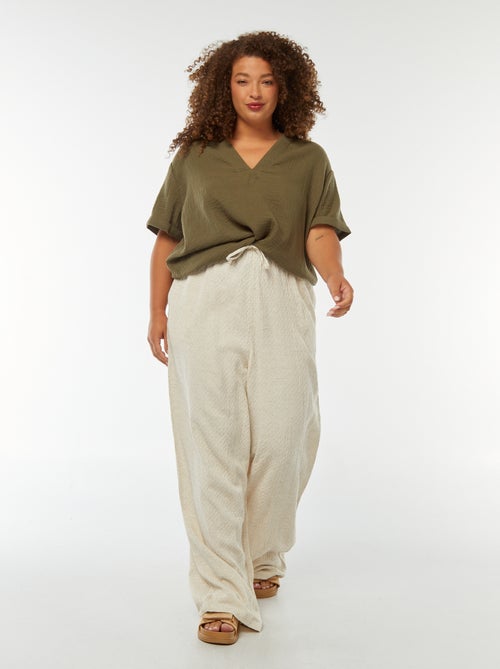 Pantalón ancho de punto con relieve en mezcla de lino - Kiabi