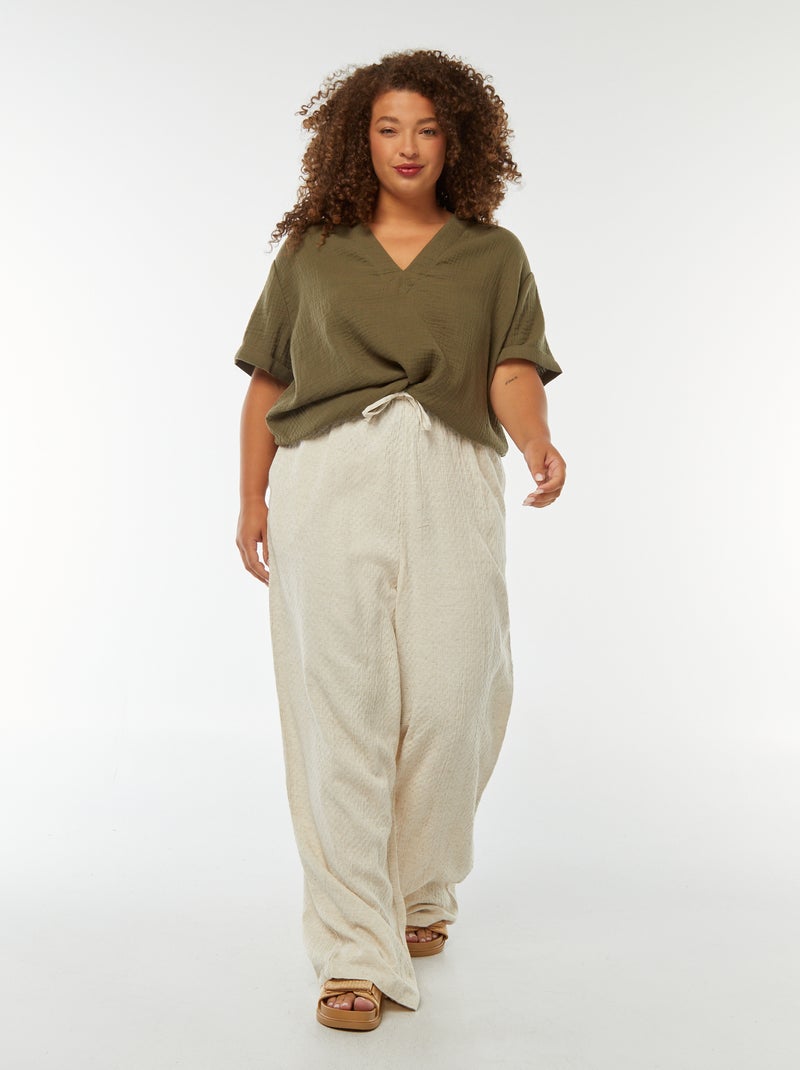 Pantalón ancho de punto con relieve en mezcla de lino Beige - Kiabi