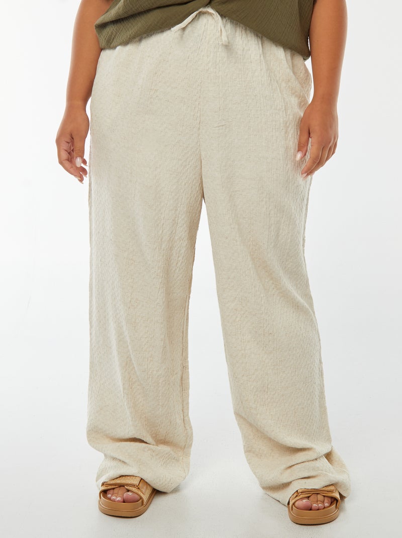 Pantalón ancho de punto con relieve en mezcla de lino Beige - Kiabi