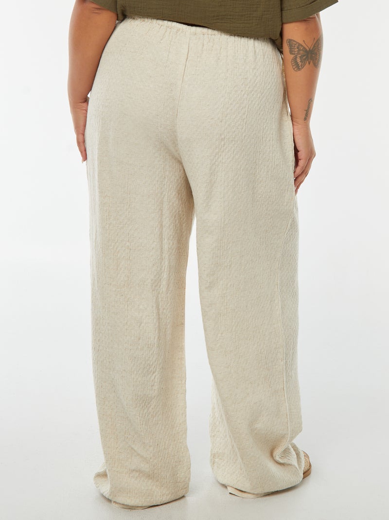 Pantalón ancho de punto con relieve en mezcla de lino Beige - Kiabi