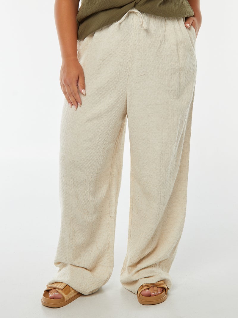 Pantalón ancho de punto con relieve en mezcla de lino Beige - Kiabi