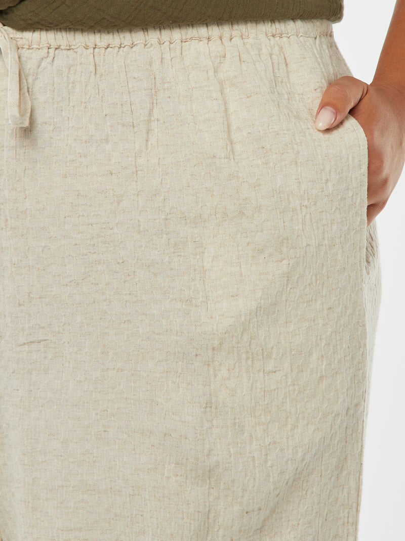 Pantalón ancho de punto con relieve en mezcla de lino Beige - Kiabi