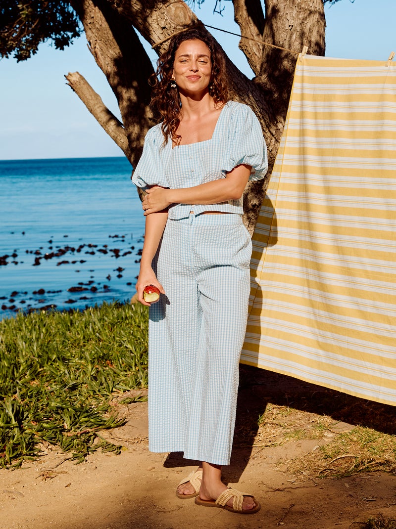 Pantalón ancho de punto gofrado Azul - Kiabi
