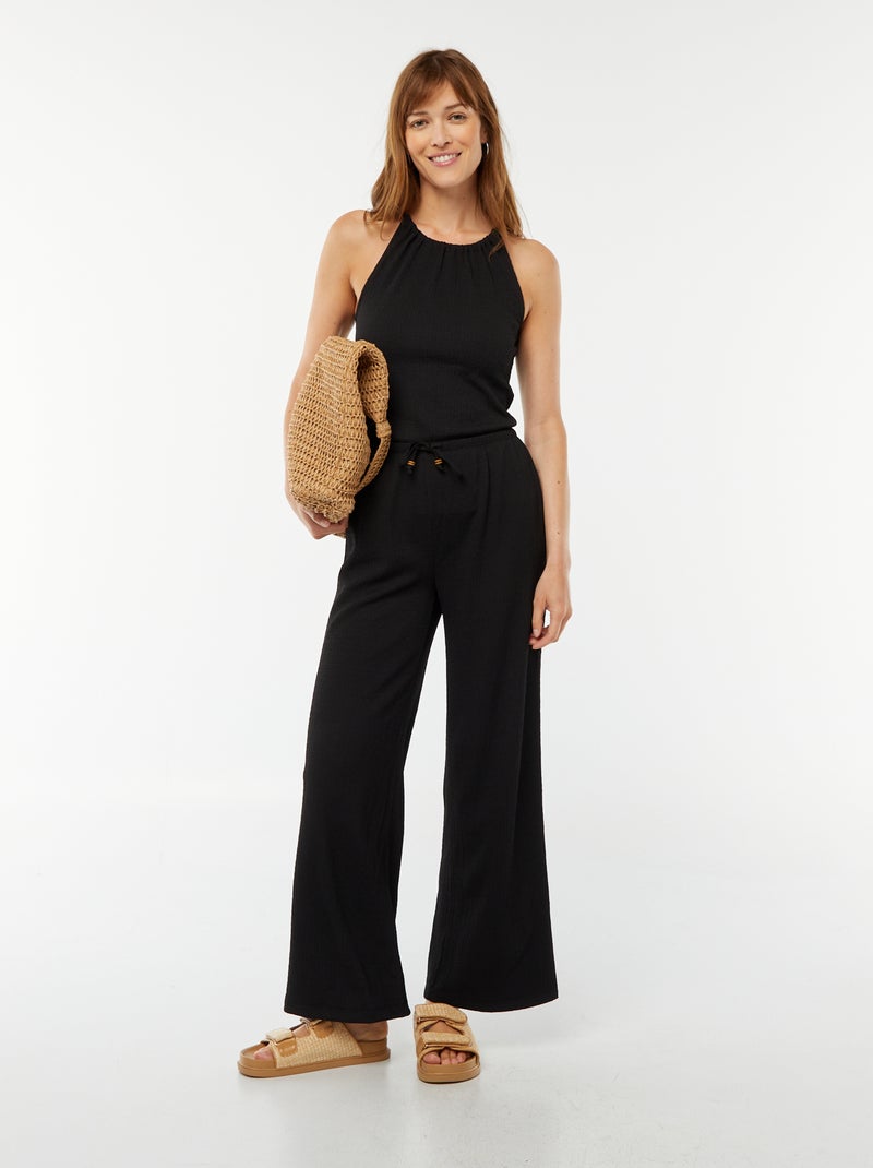 Pantalón ancho de punto gofrado negro - Kiabi