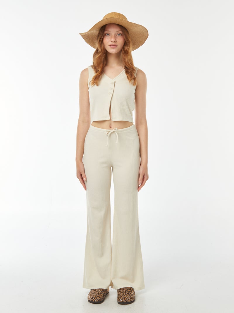 Pantalón ancho de punto ligero gofrado beige - Kiabi