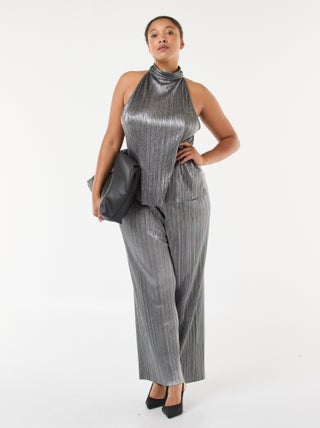 Pantalón ancho de punto plisado plateado