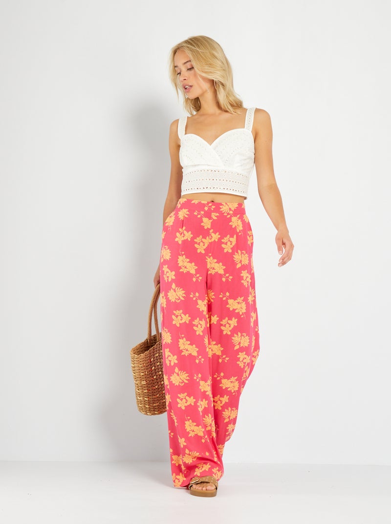 Pantalón ancho de talle alto con estampado ROSA - Kiabi