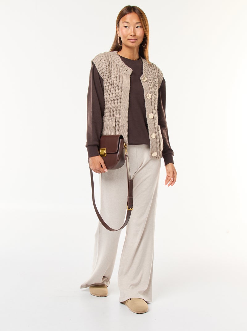 Pantalón ancho de tejido de canalé Beige - Kiabi
