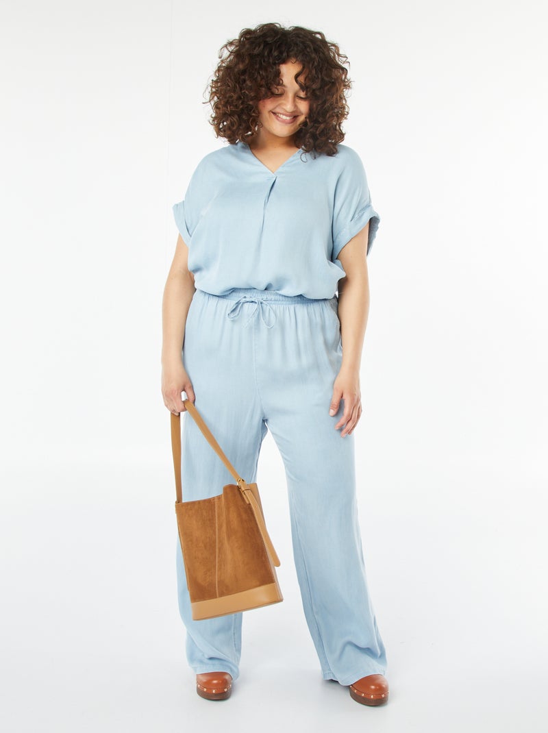 Pantalón ancho de tencel con cintura elástica Azul - Kiabi